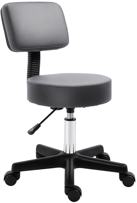 Tabouret gris avec assise ronde, dossier et cinq roulettes.