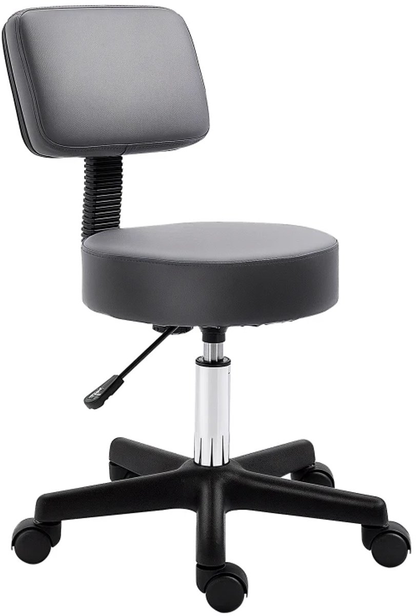 Zadelkruk op Wielen - Zadelstoel met Rugleuning - Kapperskruk - Tabouret - In Hoogte Verstelbaar - 360° Draaibaar - Kruk Stoel - Draaikruk - Werkkruk - voor Kantoor, Salon, Massage, Spa - Grijs