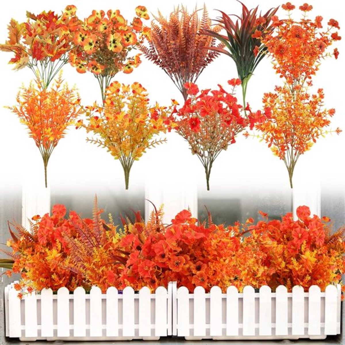 Set van 20 Weerbestendige Kunstmatige Herfstbloemen voor Buiten - Kunststof Eucalyptus en Esdoornbladeren voor Vaas, Balkon en Tuin Decoratie