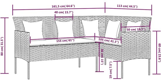 Afmetingen van de bruine L-vormige loungeset met witte kussens.
