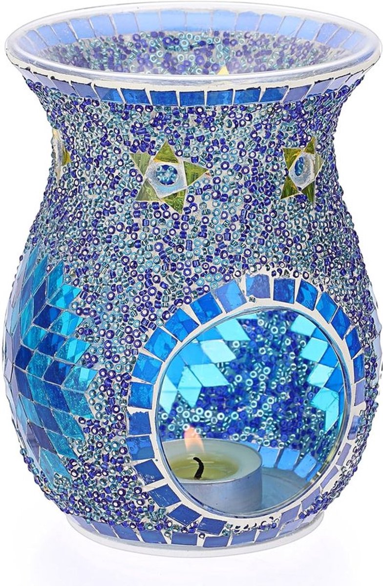 Glazen Geur Lamp met Kaarsenhouder en Theelichthouder, Aroma Lamp voor Geuroliën en Geurwas, Mozaïekpatroon (Blauw)