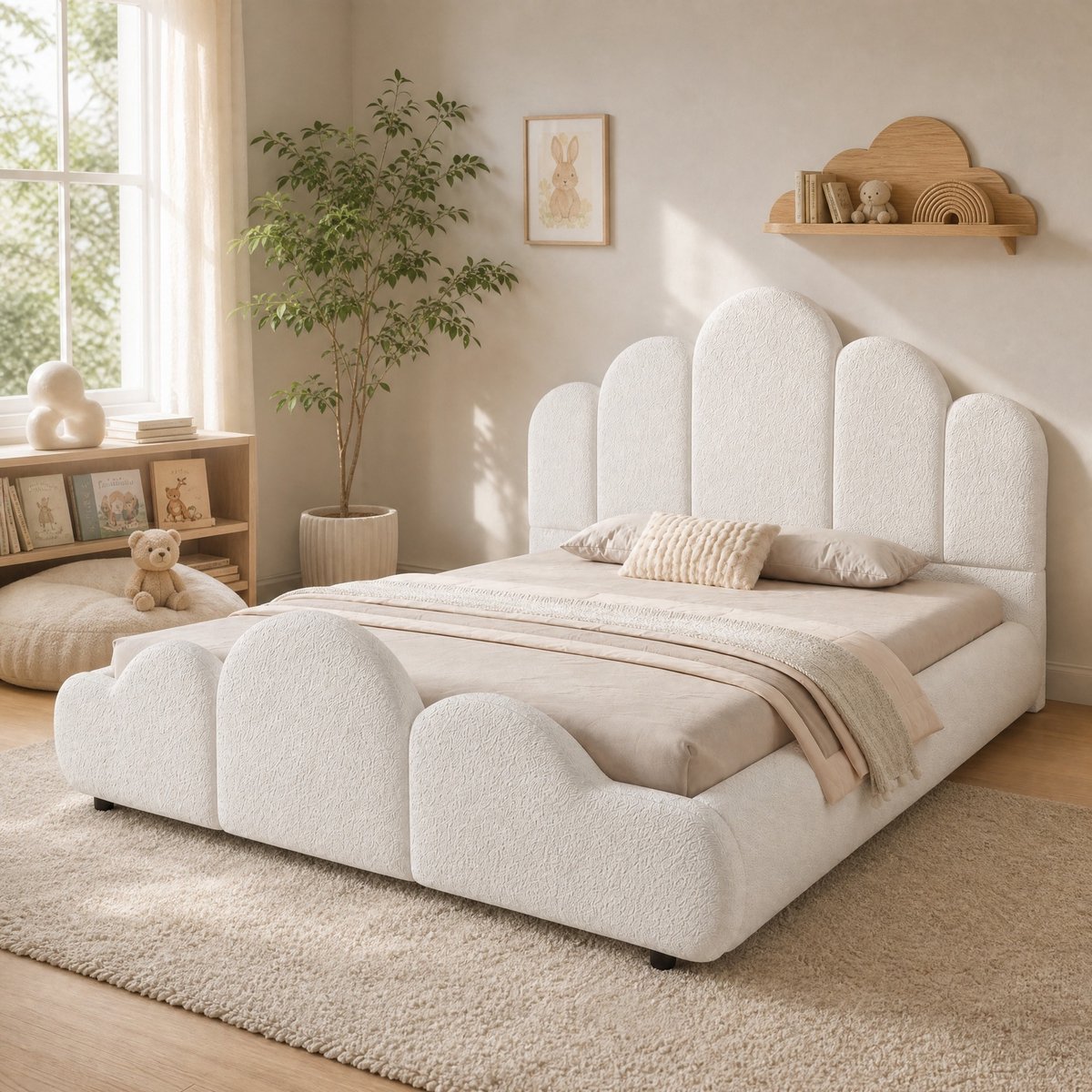 DESMIU Kinderbed 140 x 200 cm Zonder Matras – Gestoffeerd Bed Met Lattenbodem – Wolkvormig Hoofdeinde En Afgeronde Hoeken – Voor Kinderkamer – Bouclé – Beige