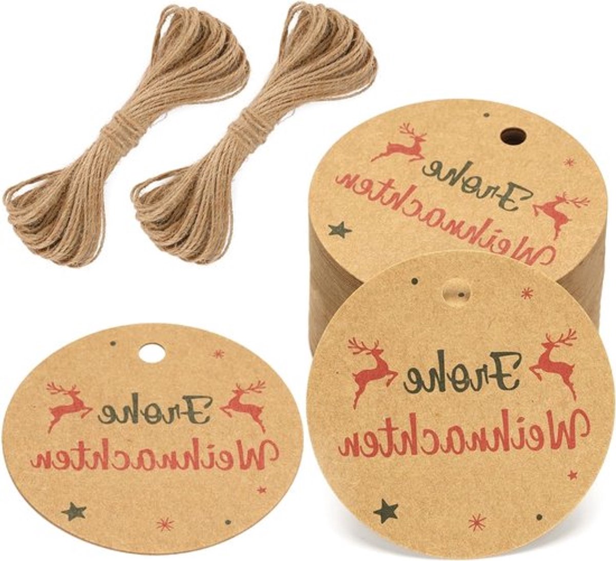 Fijne kerstdagen Cadeauhangers, 100 stuks cadeaulabels van kraftpapier, 5,5 x 5,5 cm, Perfect voor Advent, DIY-versiering en kerstdecoratie