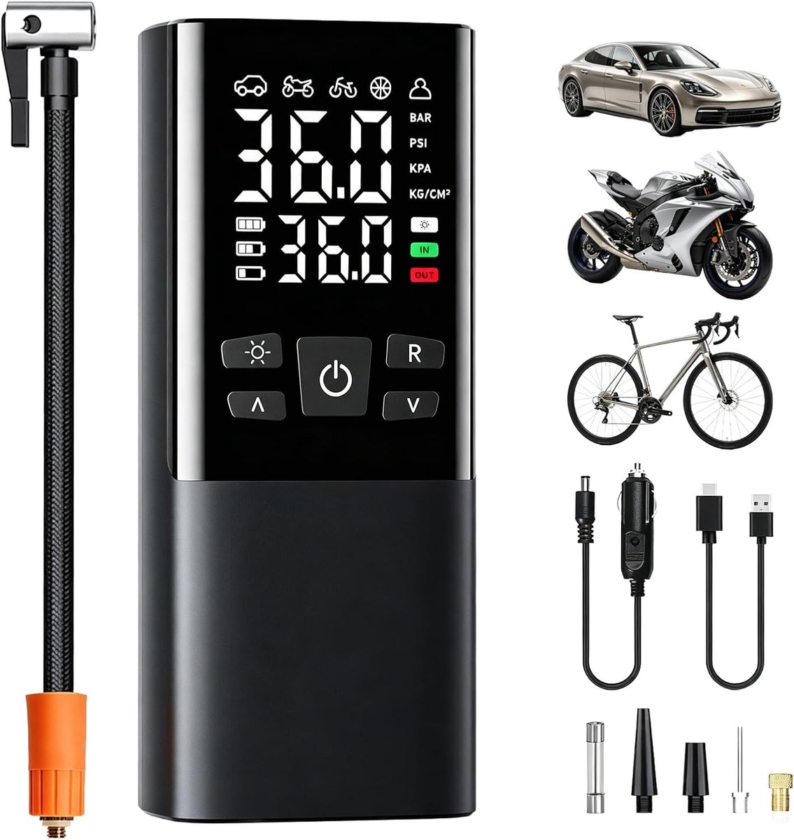 Draagbare Luchtcompressor - Zwart - 6000 mAh Batterij - Digitale Pomp met LED-Display - Voor Auto, Motor, Fiets en Sportballen