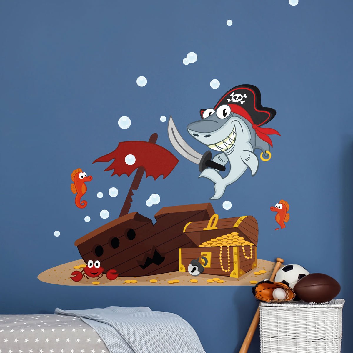 Ambiance Sticker Muurstickers - Piratenhaai en de schat - Zelfklevende stickers - 75x50cm Multi color