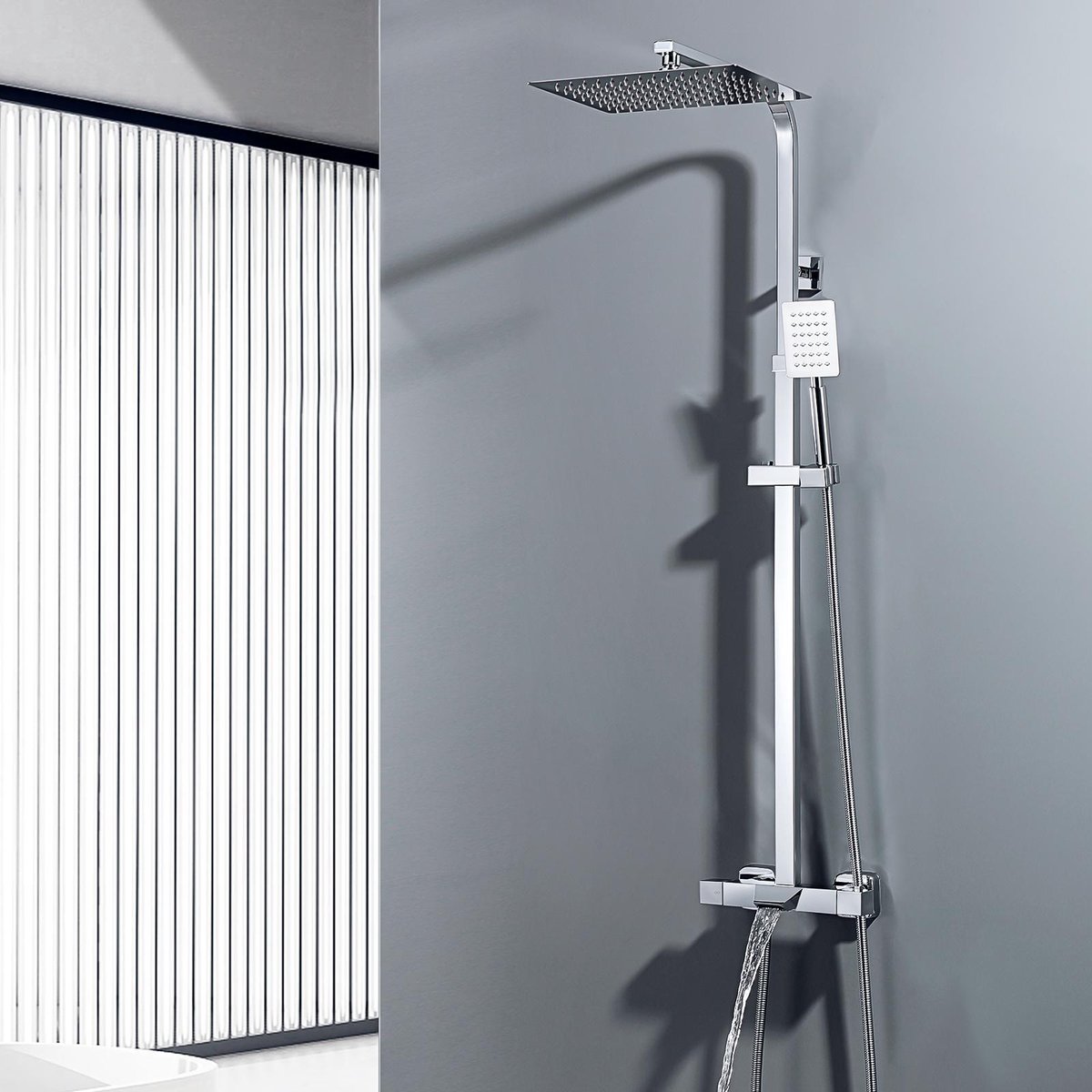 Auralum Max Regendouche met Thermostaatkraan - Regendouche en Handdouche - Waterkraan met Waterval - 3 Functies - 12 inch Douchekop - Regendoucheset - Vierkante Design - Waterbesparend - Chroom