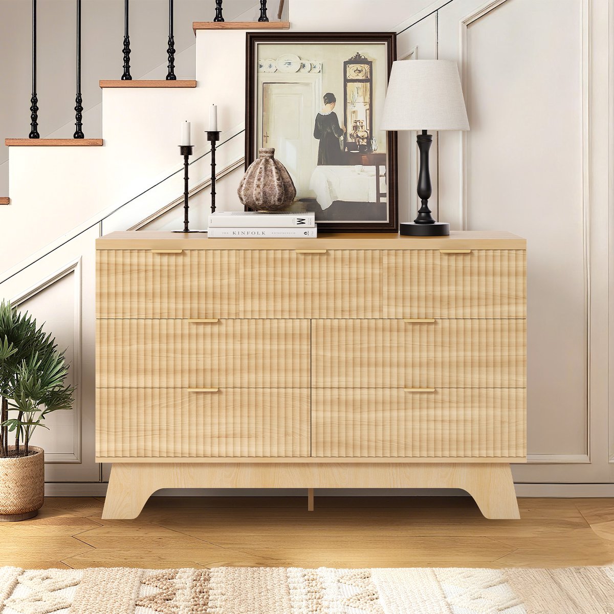 Triumpunpre - Ladekast met 7 Laden - Dressoir voor Slaapkamer - Geribbelde Voorkant - Mid Century Modern - Natuurlijk Eiken - 120x40x80 cm