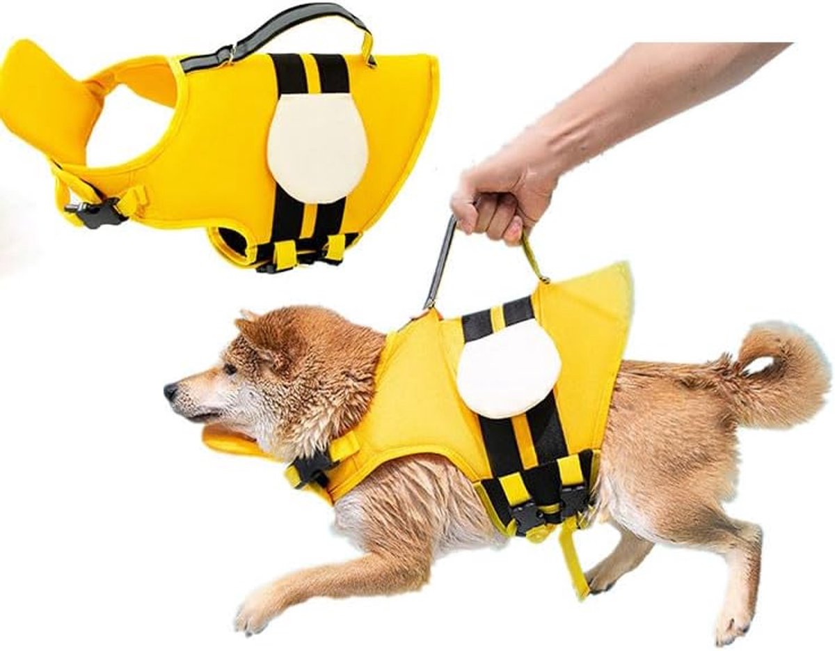 Hondenzwemvest - Met stevige reddingsgreep en kinondersteuning - Hond tot 10 kg - Zwemvest voor honden - Reddingsvest hond - Drijvend reddingsvest - Verstelbaar - Zwemhulppak voor honden - Voor zwembaden, meren, rivieren - Geel - Maat M