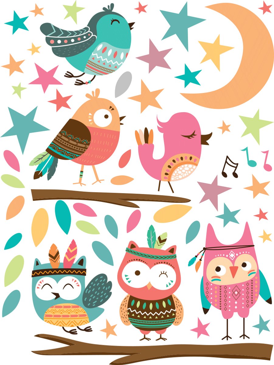 Ambiance Sticker Muurstickers - Uilen en zangvogels van het bos - Zelfklevende stickers - 80x60cm Multi color