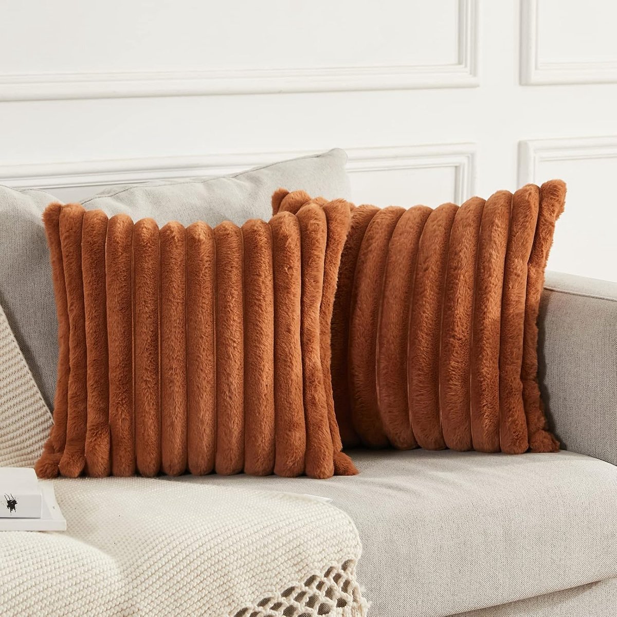 Set of 2 Faux Fur Double Sided Plush Cushion Covers Decorative Fuzzy Striped Soft Pillowcase Cushion Covers for Sofa - ShopVlot