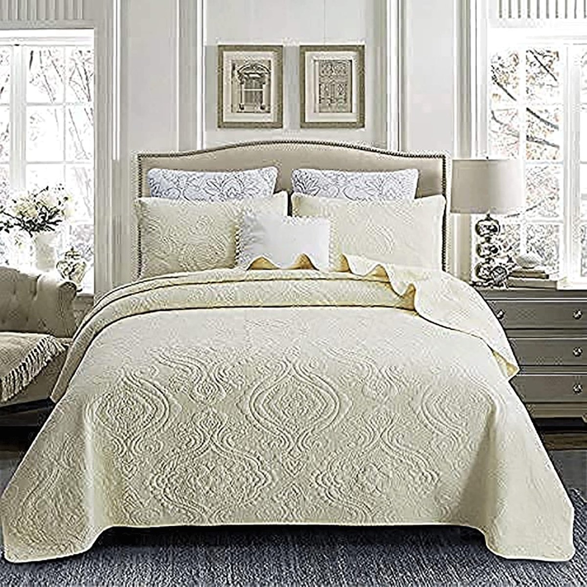 Gewatteerde Quilt Sprei Dubbele 100% Katoenen Vaste Kleur Vaas Geborduurde Multifunctionele Deksel Dekens 3-delige - ShopVlot