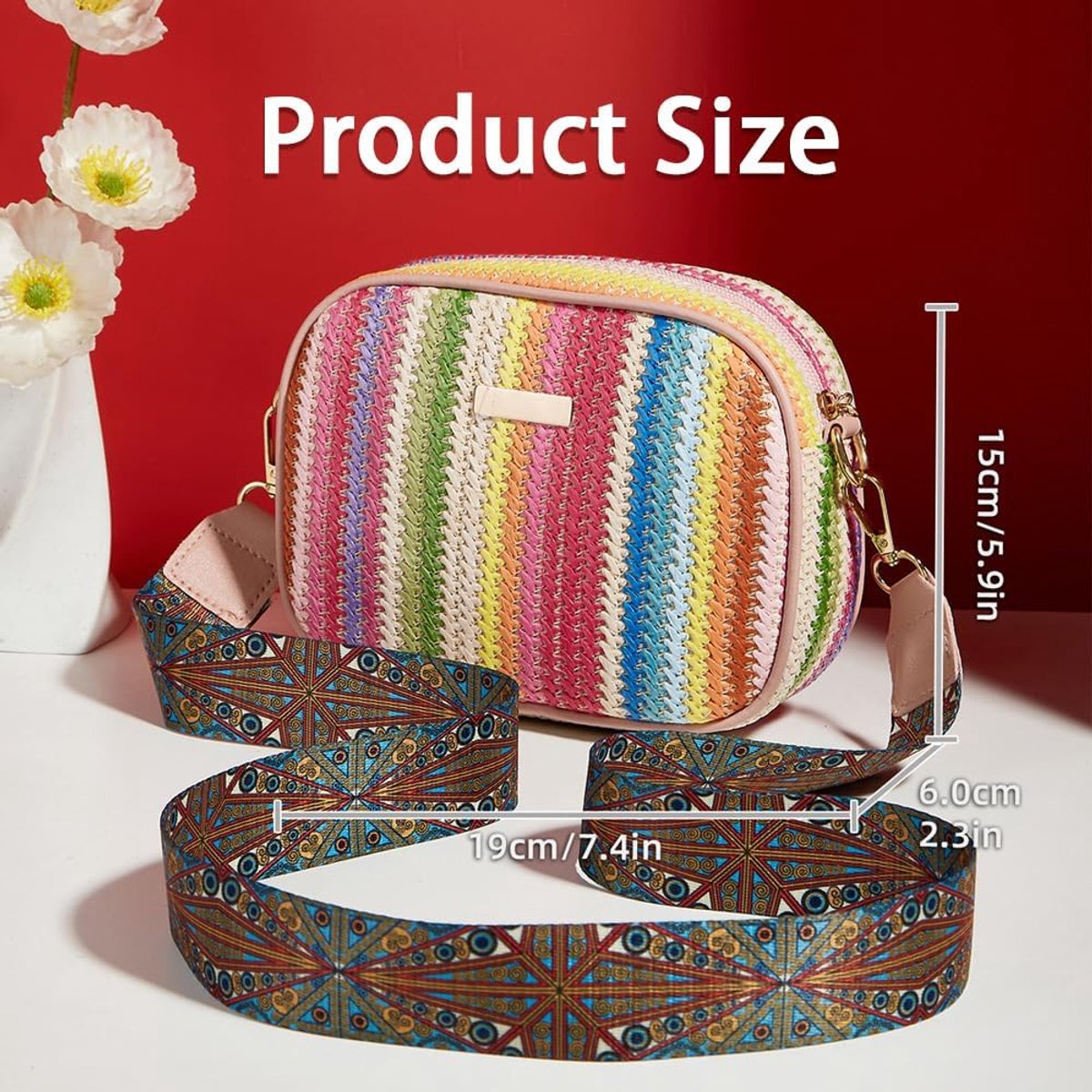 Schoudertas Crossbody Tas Stro Dames Kleine Rechthoekige Met Brede Schouderriem Geweven Handtas Festivaltas Casual Tas - ShopVlot
