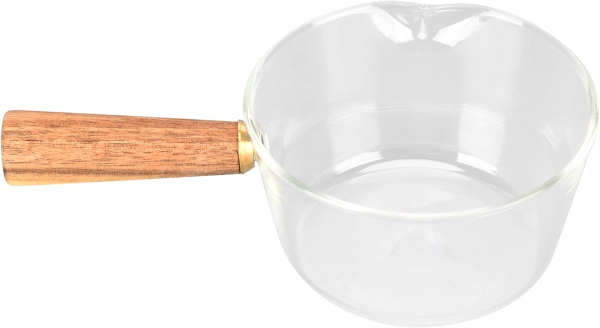 Glass Milk Jug with Wooden Handle and V-Shaped Spout, Borosilicate Glass, Transparent/Green, 400ml, Non-stick Saucepan - ShopVlot