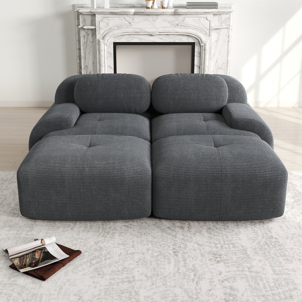 Wooneigen Sofa voor Zitkamer en slaapkamer - Massief hout en Geribd Fluweel - 208x178x70 cm, Grijs