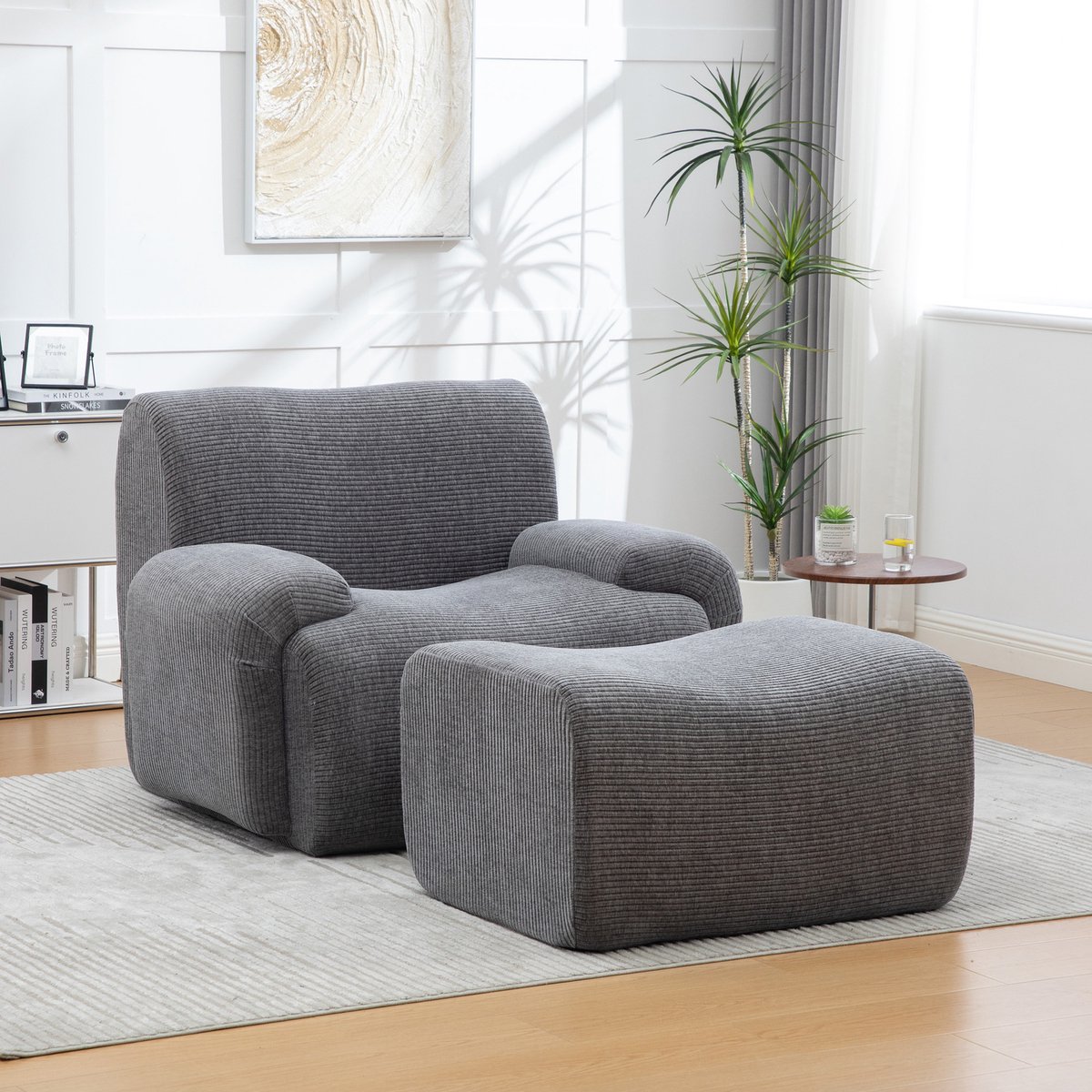 Lounge Fauteuil Met Voetenbank - Chenille Relaxstoel Met 30D Schuim - Zachte 1-Zits Stoel Zonder Montage - Compacte Cloud Chair Voor Woonkamer, Slaapkamer En Appartement - Grijs