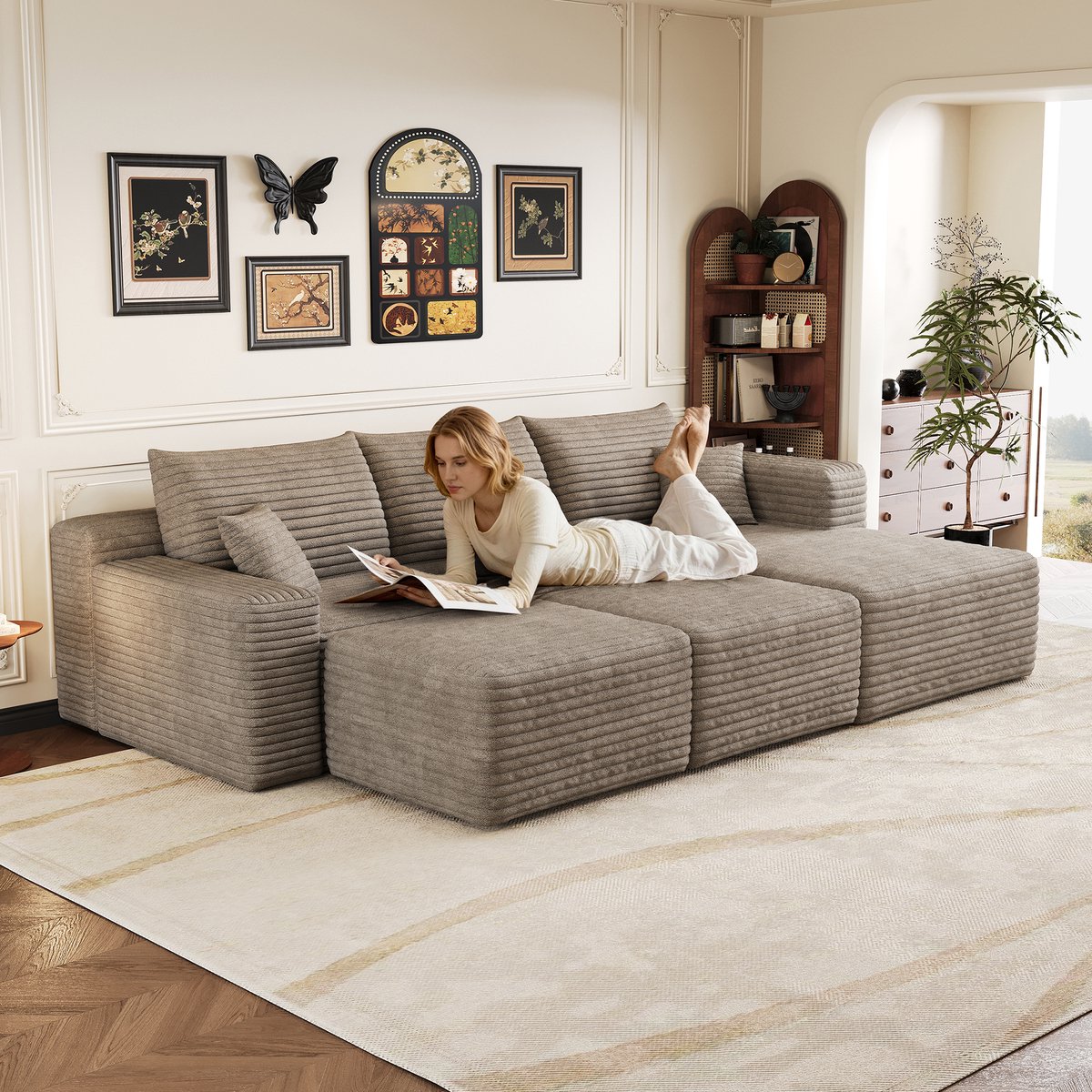 Modulaire Hoekbank - 5-Zits Cloud Sofa Met Chaise Longue Ribstof Bank Camel