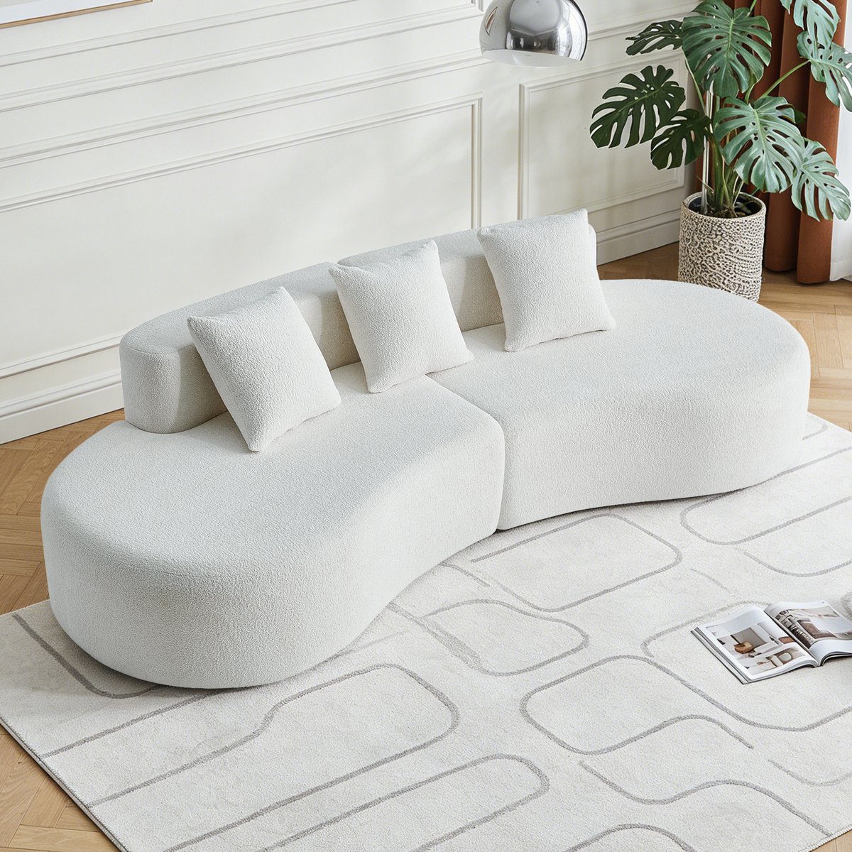 Woonkamermeubilair - Bouclé hoekbank, Beige & , 3 Zitplaatsen - 38x38x109 cm, Wit