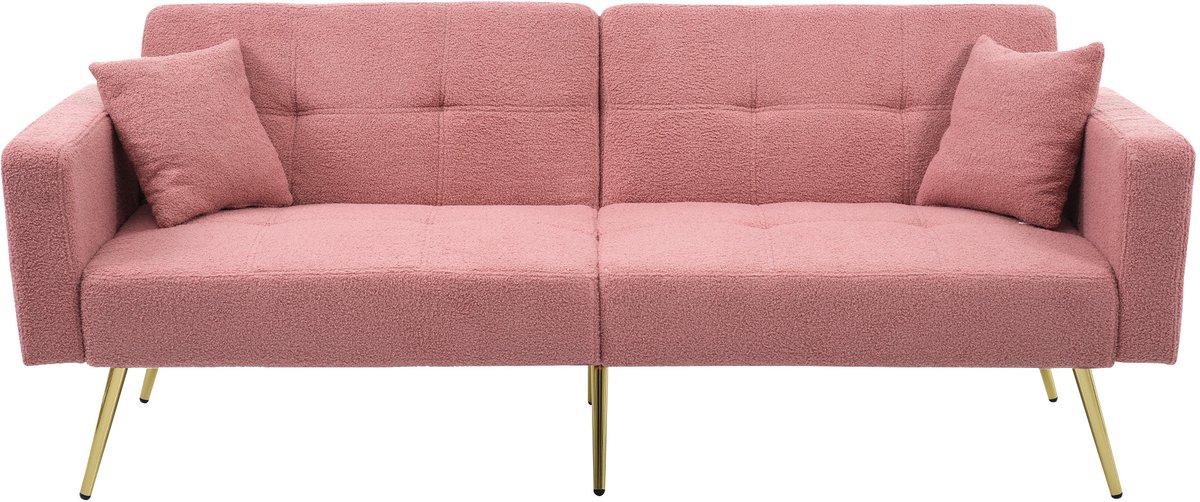 Slaapbank - Roze 2 Zits Sofa Bed Met Verstelbare Rugleuning - Luxe Teddy Stof Met Gouden Poten En Zijvakken - Comfortabele Bank Voor Woonkamer