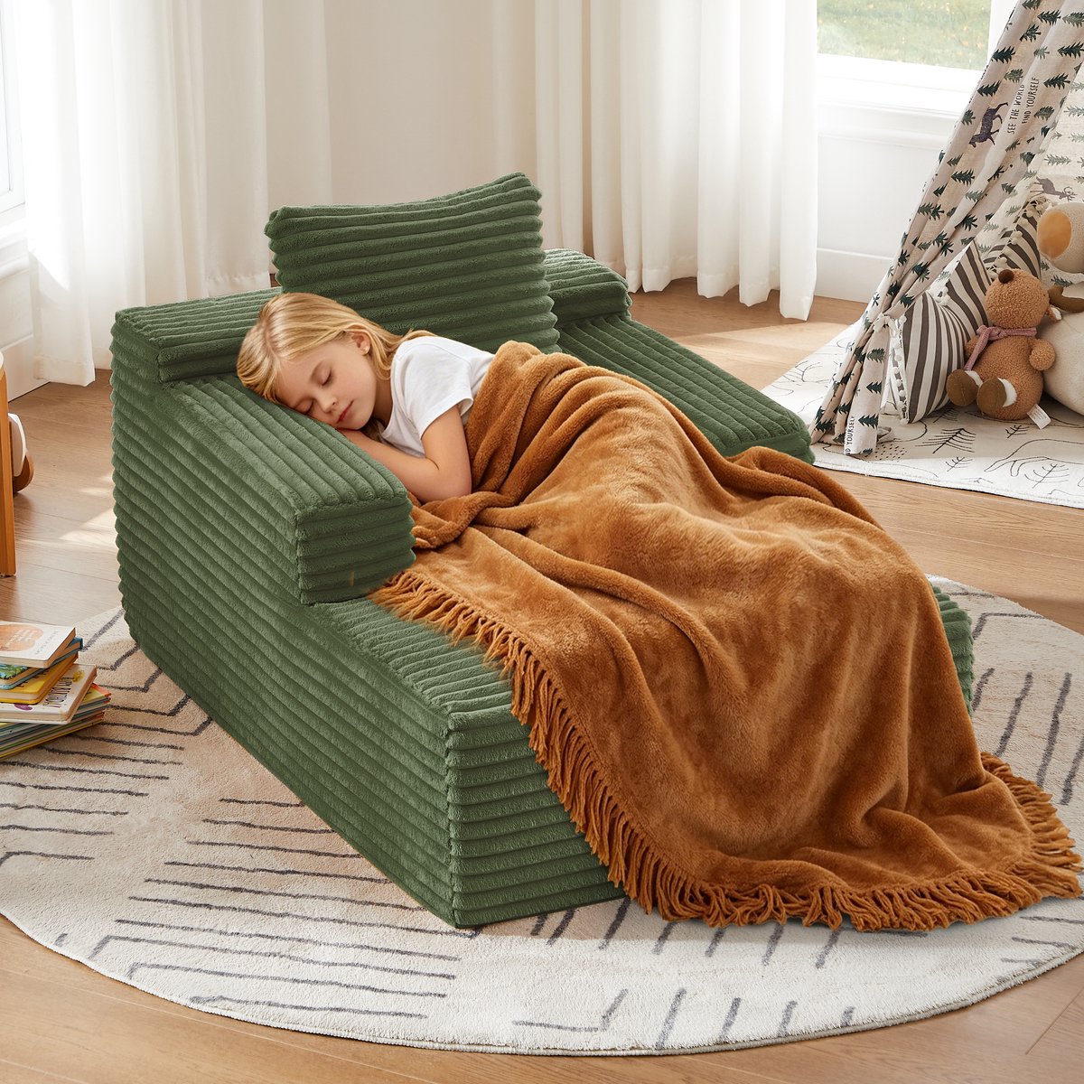 Corduroy Stoellongue Sofa 27x27x94 cm - Modernr Stoel-longue met slaapfunctie, Groen
