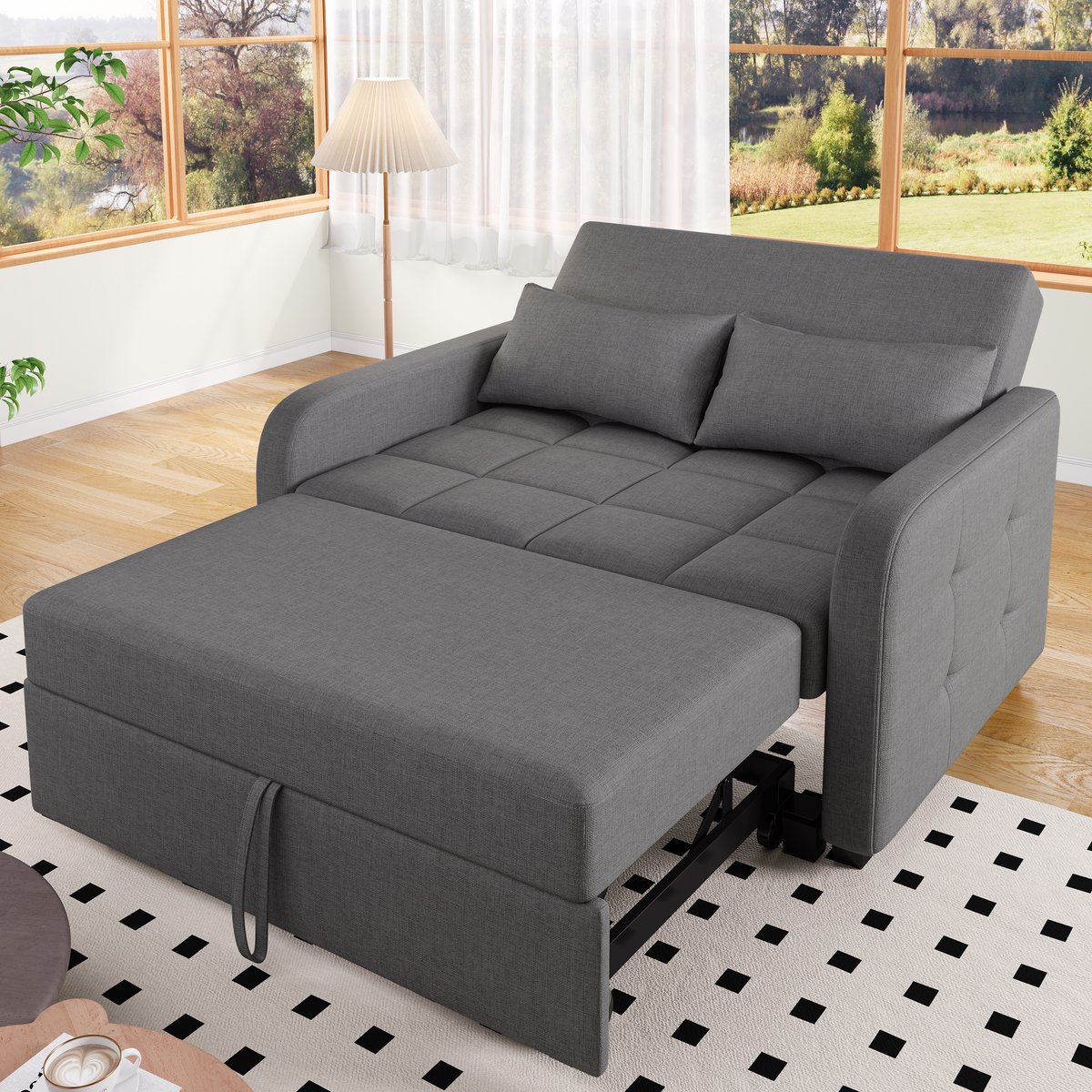 Slaapbank 2-Zits - Verstelbare Rugleuning Sofa Bed 180x127 cm - Moderne Uitklapbare Bank Met Kussens - Ruimtebesparende Lounge Bank Voor Appartement, Studentenkamer En Gastenkamer Grijs