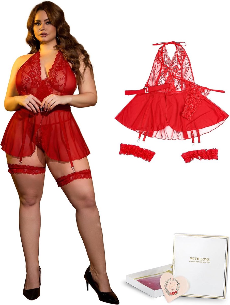 Lingerieset voor dames - grote maat - korte babydoll - kant - nachthemd - mouwloos - babydoll - lingerie - V-hals - met strass - riem en string - chique outfit