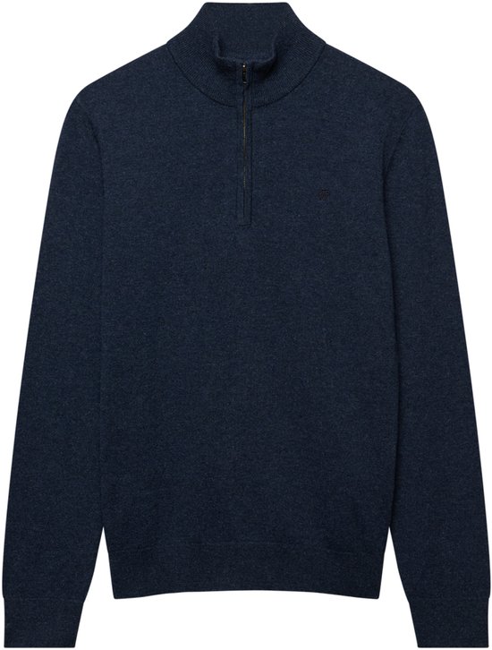 Donkerblauwe melange gebreide trui met half-zip sluiting en kraag, op een witte achtergrond.