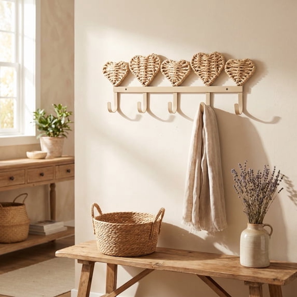 Ulisem - Wandhaak - Bohemian stijl wandkapstok met 5 haken - 15 inch groot - Met handgeweven harten van rotan - Gemaakt van stevig ijzer - Voor hal, gang, badkamer en slaapkamer - Incl montagemateriaal - Eenvoudig te installeren - Bespaart ruimte