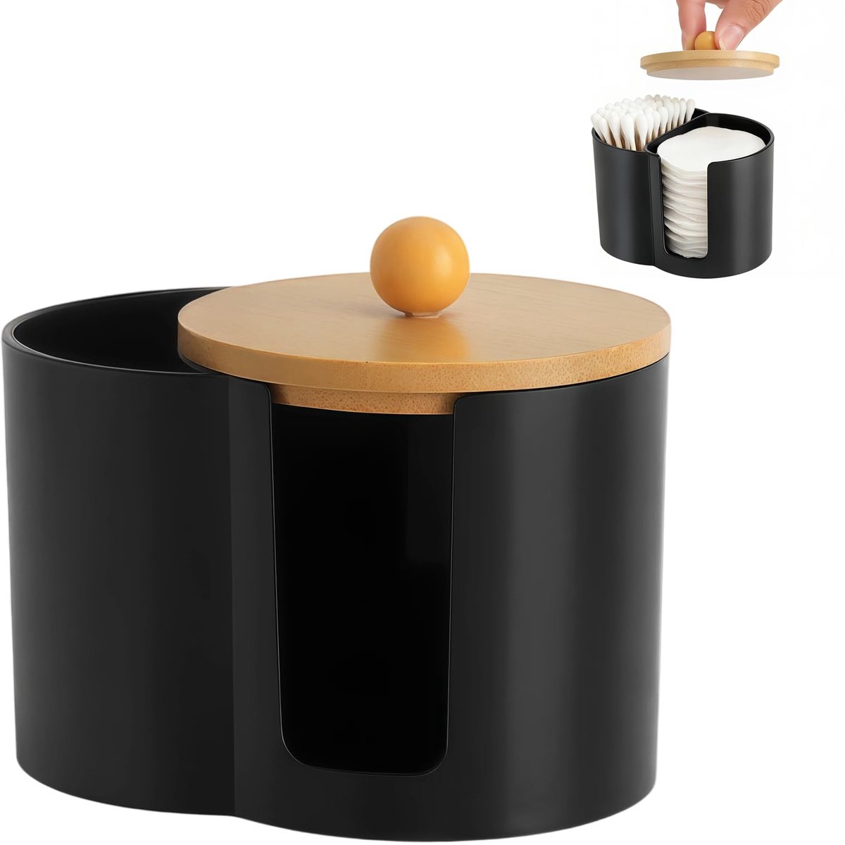 Wattenschijfjes & Wattenstaafjeshouder met Bamboe Deksel - Zwarte Badkamer Organizer met U-vormige Opening - Katoenen Pads Dispenser en Wattenstaafjes Opbergbox voor Badkamer, Slaapkamer & Kaptafel