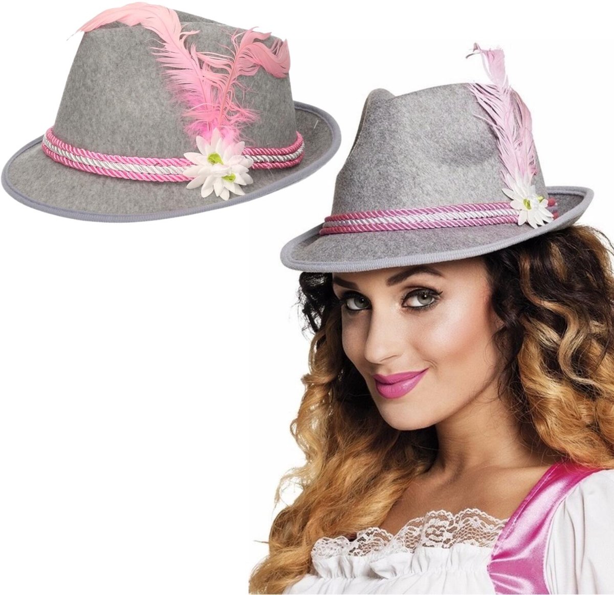 Boland tiroler hoedje - 2x - met veer en bloem - Grijs/roze - voor dames - Oktoberfest / bierfeest feesthoeden - Alpenhoedje/jagershoedje
