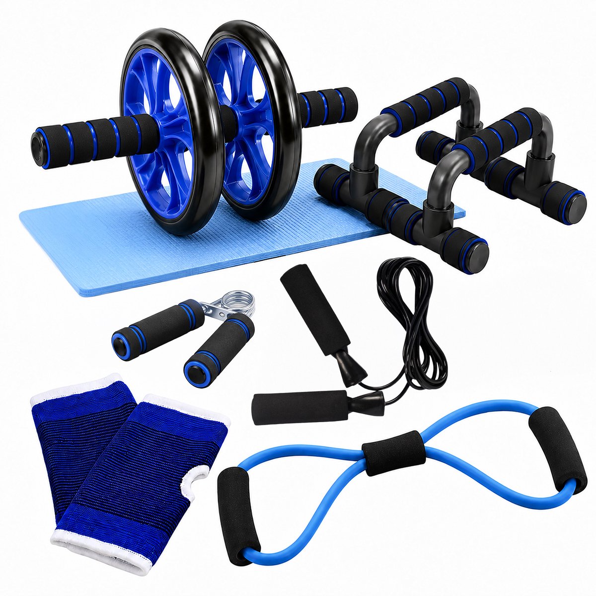 Fitness set - 9-delig - met ab roller - blauw