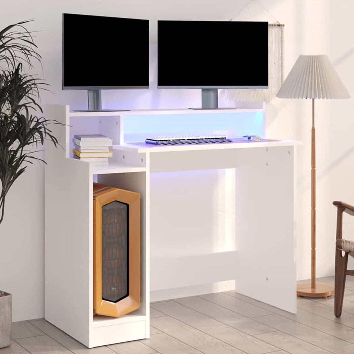 Bureau met ledlampen, wit, 97 x 45 x 90 cm, van meerlaags hout, computertafel, ruimtebesparend, bureau, gaming-bureau voor kinderkamer