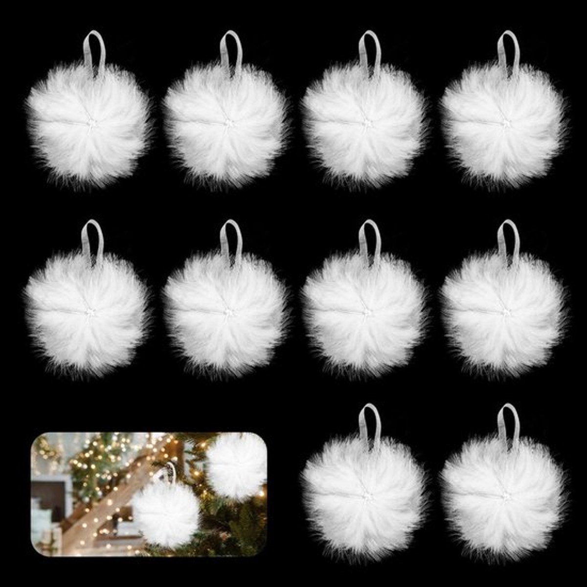 Witte veren hangers set, kerstboomversiering voor kerst, bruiloft en feestdecoratie.