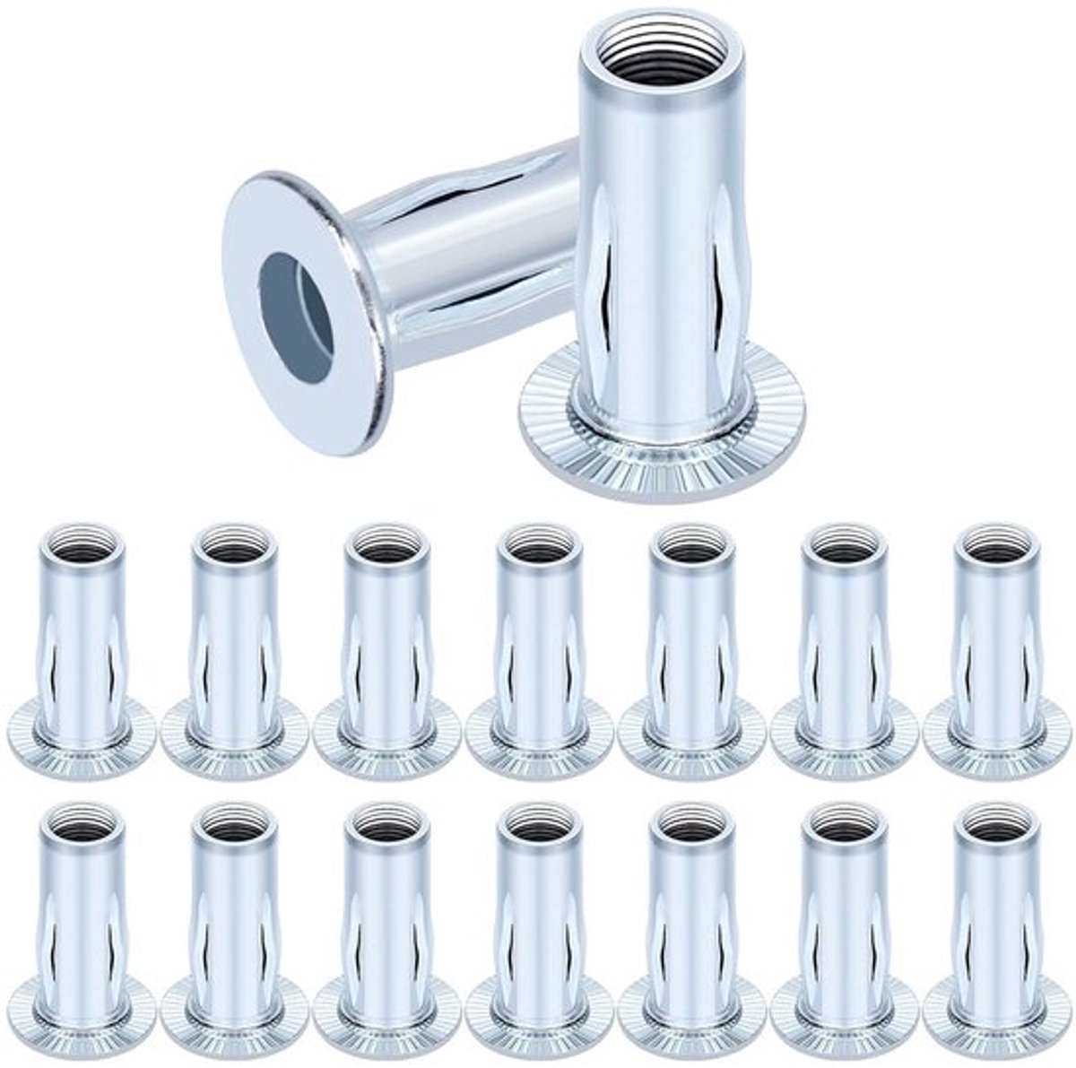15-delige M8 Multi-Grip Rivet Nuts Set van Wit Verzinkt Staal voor Constructie en Industrie - Inclusief Plat Hoofd en Voorgebogen Schacht
