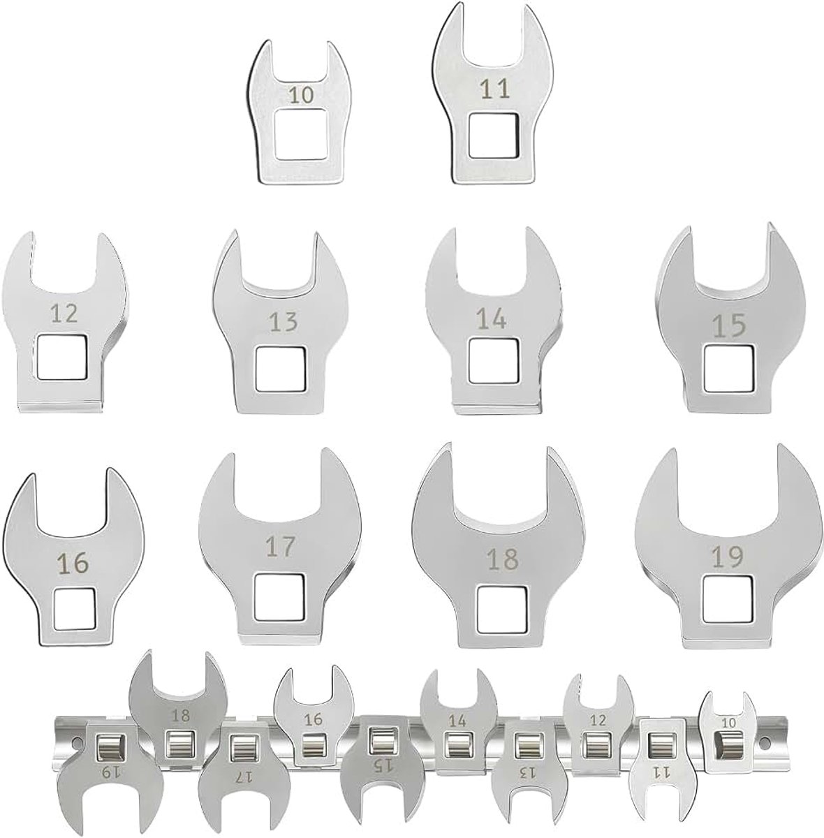Steeksleutelset, 3/8" aansluiting, steeksleutels 10–19 mm, hoogwaardig koolstofstaal met organizer voor auto- en mechanisch onderhoud