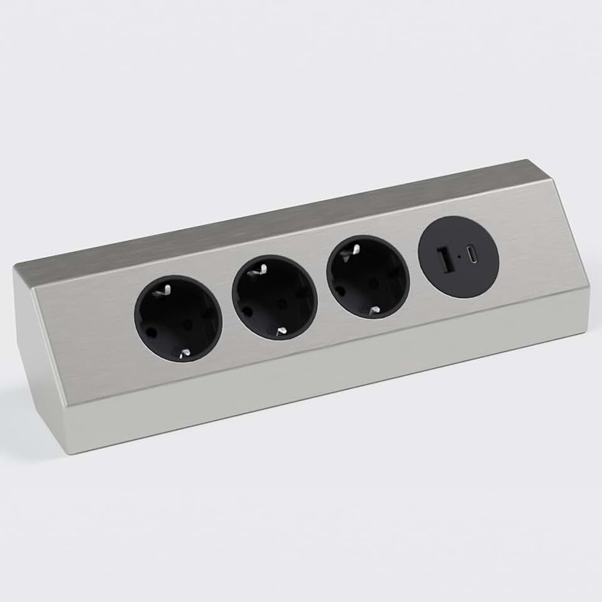 Hoekstopcontact, roestvrij staal, driehoekig stopcontact, meervoudige stekkerdoos om achteraf te monteren, 3 x 230 VAC-stopcontacten, 1 sleuf met 15,5 W USB-oplader, type A+C, EU-geaarde stekker