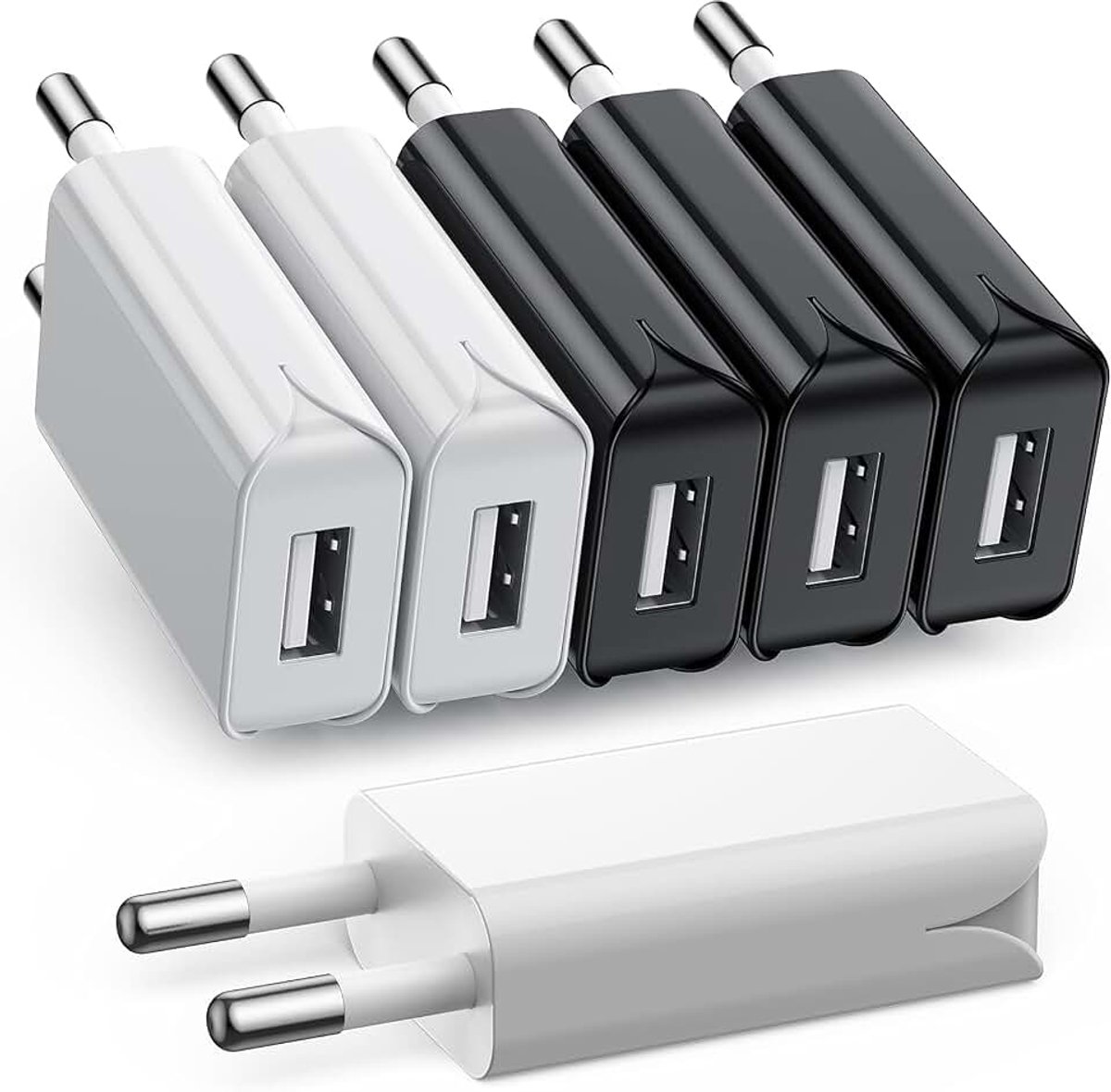 6 stuks, 5 V/1 A Slim USB C oplaadstekker, voeding voor iPhone, Samsung mobiele telefoon, MP3, e-book reader, USB-ventilator, smartwatch en meer (3 zwart + 3 wit)
