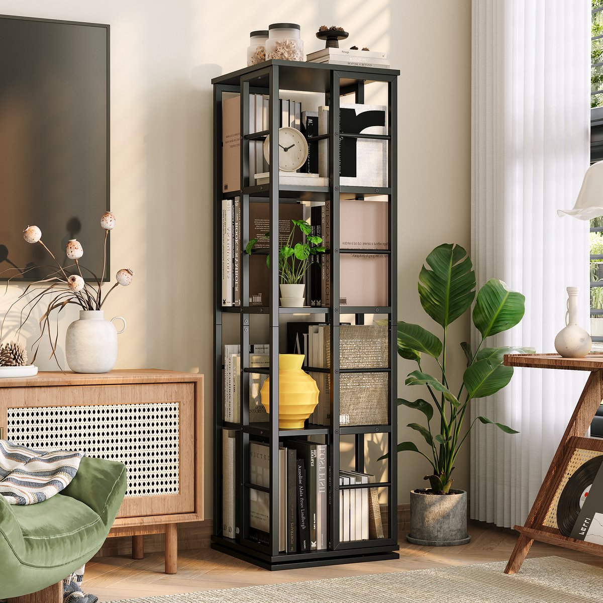 Draaiende Boekenkast 4 Lagen - 40x40x137.5cm - Boekenkast Vrijstaand - Displaykast Hoek - Metalen Frame - Voor Kantoor Woonkamer Slaapkamer - Zwart