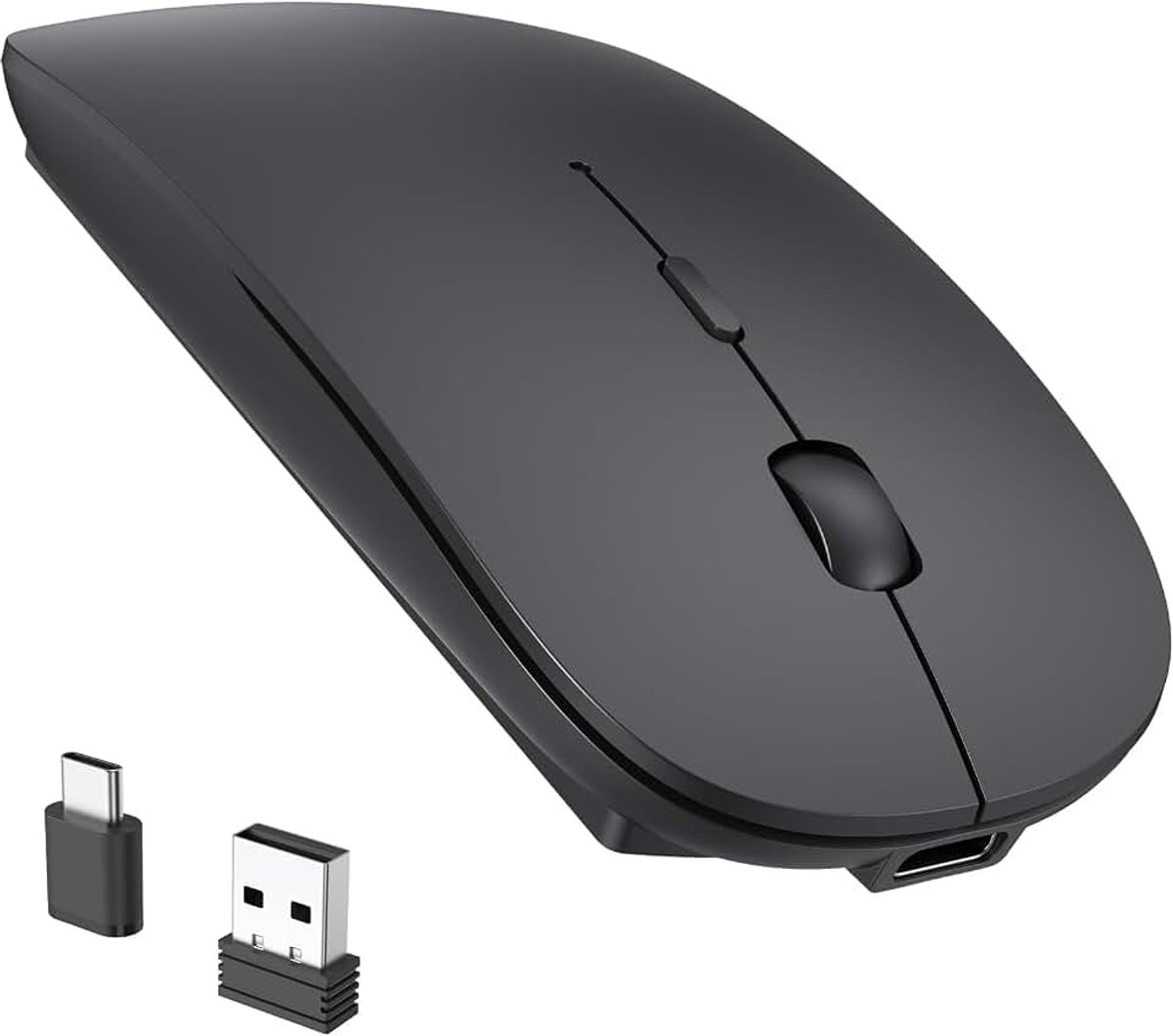 Draadloze muis, oplaadbaar, USB C + USB A, ergonomische draadloze muis, stil, 2,4 G, ultradun, met 2 ontvangers voor pc, Mac, MacBook Air/Pro, iPad