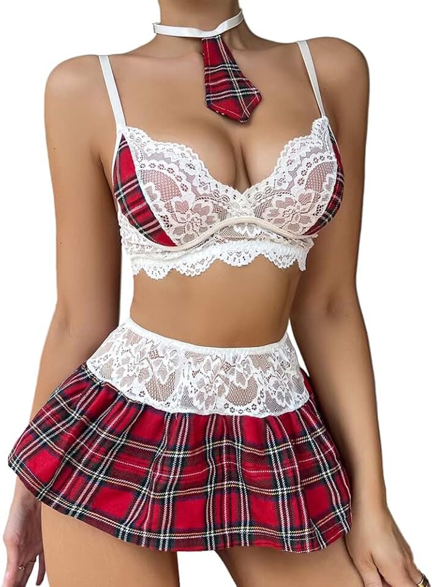 Schoolmeisjeskostuum voor dames, ondeugend, lingerieset, cosplay, hot, 5-delig, schoolmeisje, minirok, geplooid, roleplay, geknoopt, uniform, student, spel, rol, ondergoed, halter