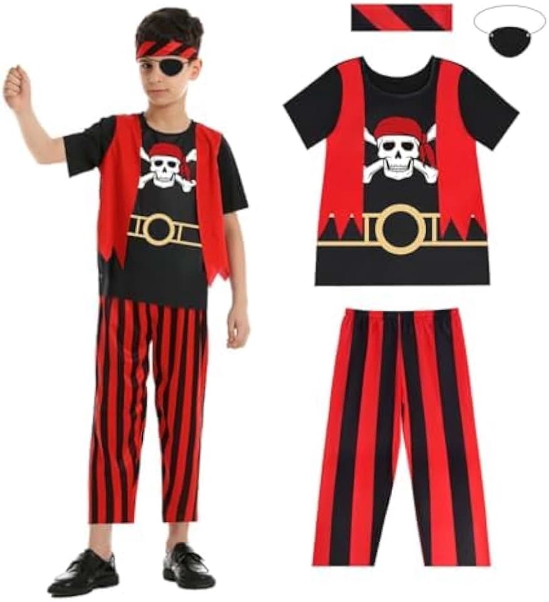 Piratenkostuum voor kinderen, piratenkostuum voor jongens, piratenkapitain-outfit set inclusief top, broek, ooglapper, hoofdband, piratenrollenspel, verkleedpartij voor verjaardagsfeestje