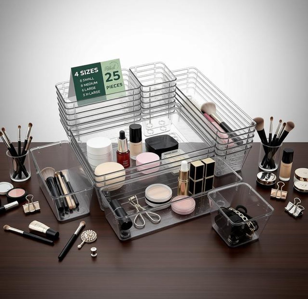 Set van 25 Ladeorganizers, 4 Formaten, Antislip, Stapelbaar Transparant Opbergdoos voor Make-up, Keuken, Badkamer en Kantoor