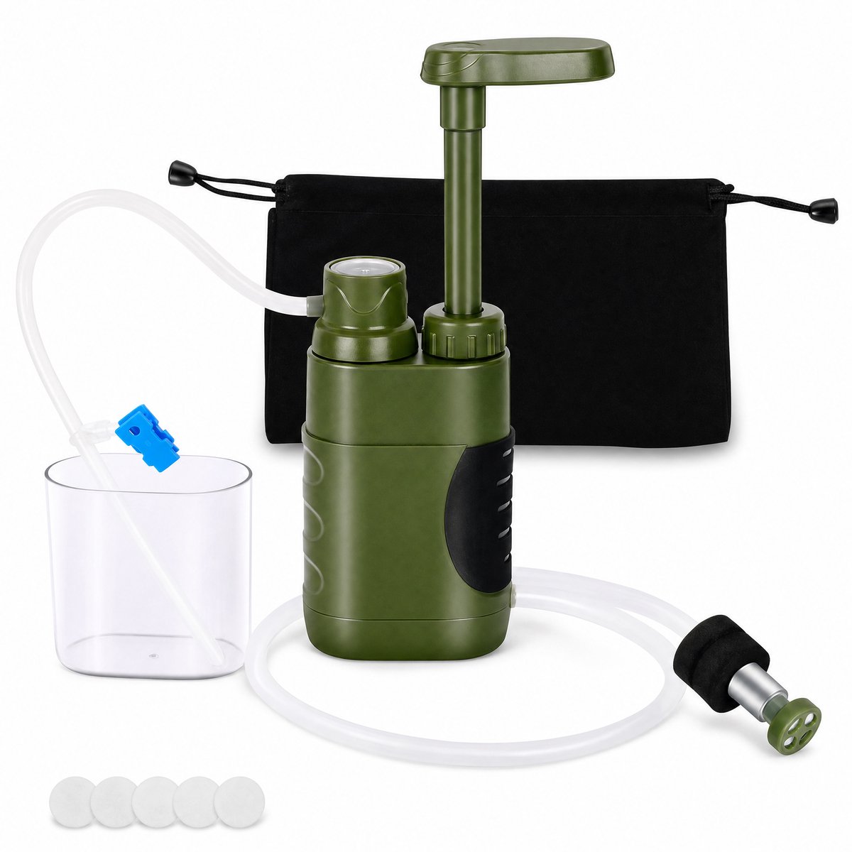 Draagbare waterfilter met handpomp - Compact ABS pompfilter voor buitengebruik - Voor kamperen, wandelen, reizen, noodpakket en thuis - Groen
