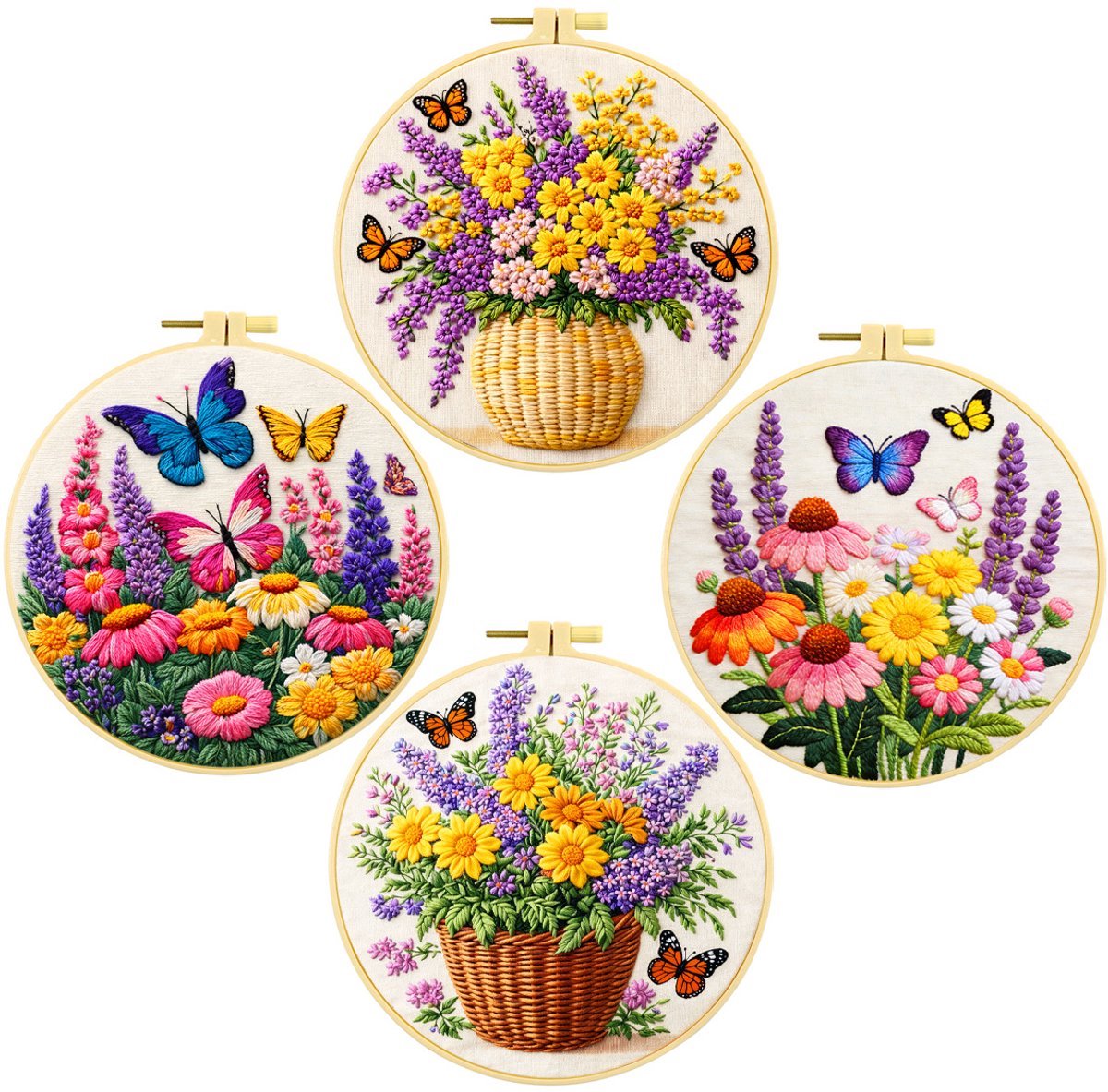 Casalora Borduurpakket – Bloemen en Vlinders Borduren - 4 Stuks - DIY Borduurset voor Beginners en Volwassenen met Borduurring, Voorgedrukt Borduurstof en Accessoires – Handwerk Borduur Kit