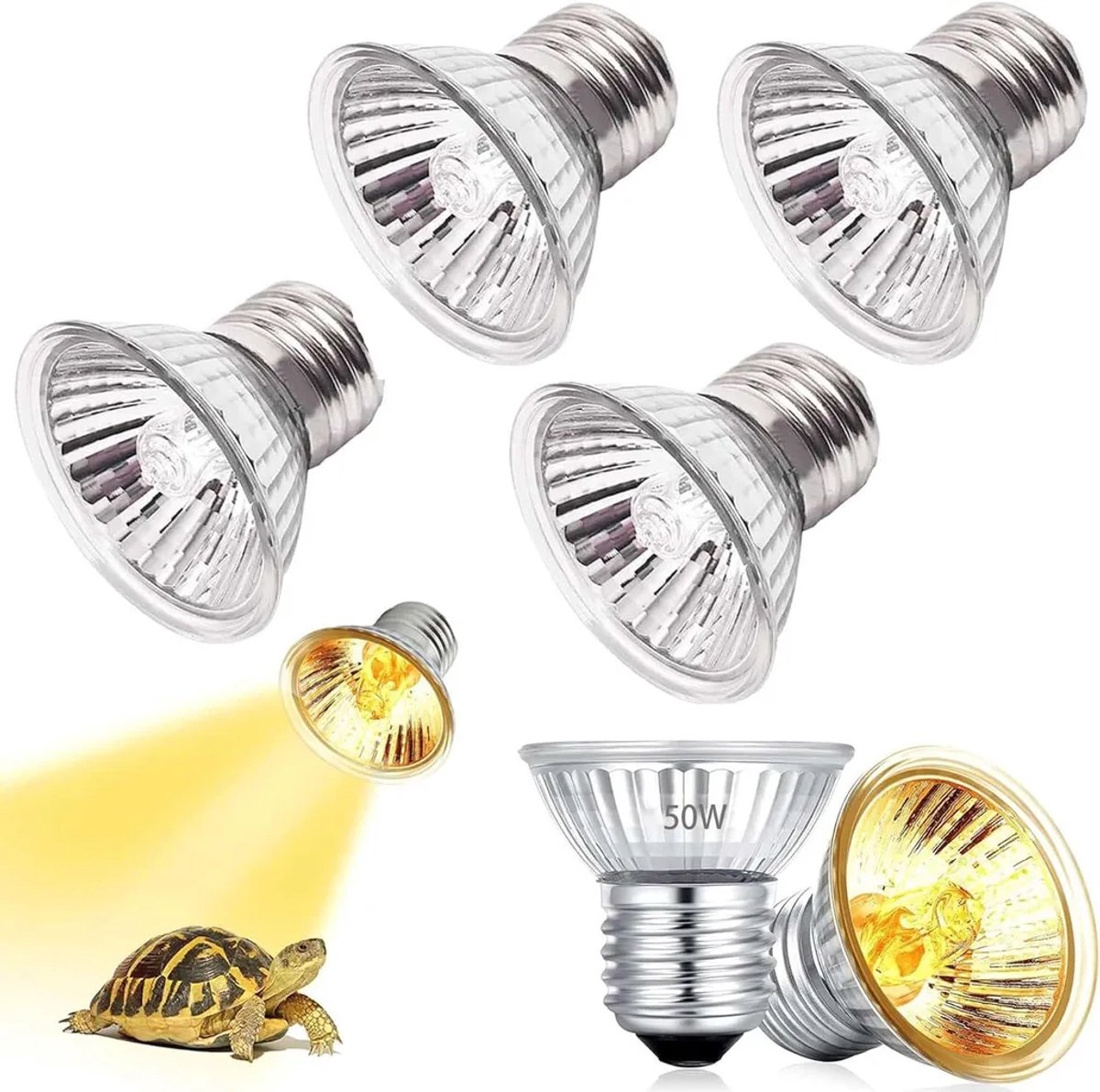 Set van 4 warmtelampen voor schildpadden, reptielenwarmtelampen, 50 watt verwarmingslampen, E27 UVA UVB reptielenterrariumverlichting, geschikt voor reptielen/hagedissen/schildpadden/slangen.