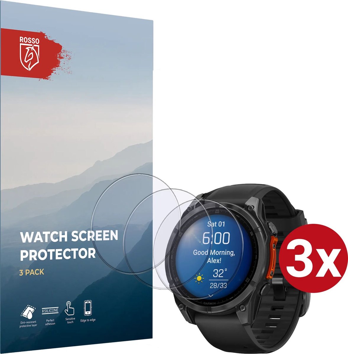 Rosso 9H Tempered Glass - Screen Protector Geschikt voor Garmin Fenix 8 47MM - 3-Pack