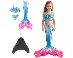 Joya Kids® Zeemeerminstaart met Bikini met MONOVIN Verkleedset Blauw Roze met Franje | Zeemeermin Staart met Bijpassende Bikini | Mermaid Staart | Zeemeermin Verkleedkleding Meisje | Incl. MONOVIN | Maat 110