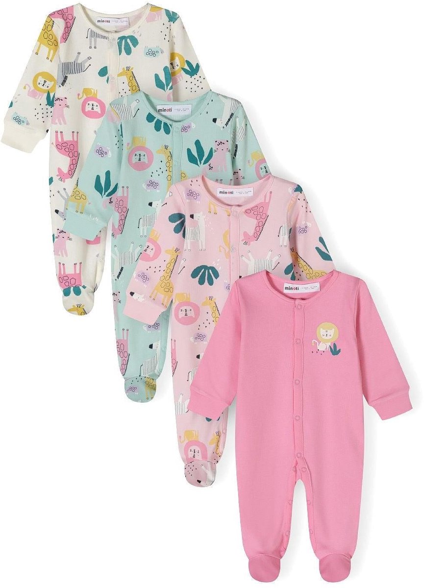 Minoti baby pyjama 4-pack jungle dieren meisjes onesie - met voetjes
