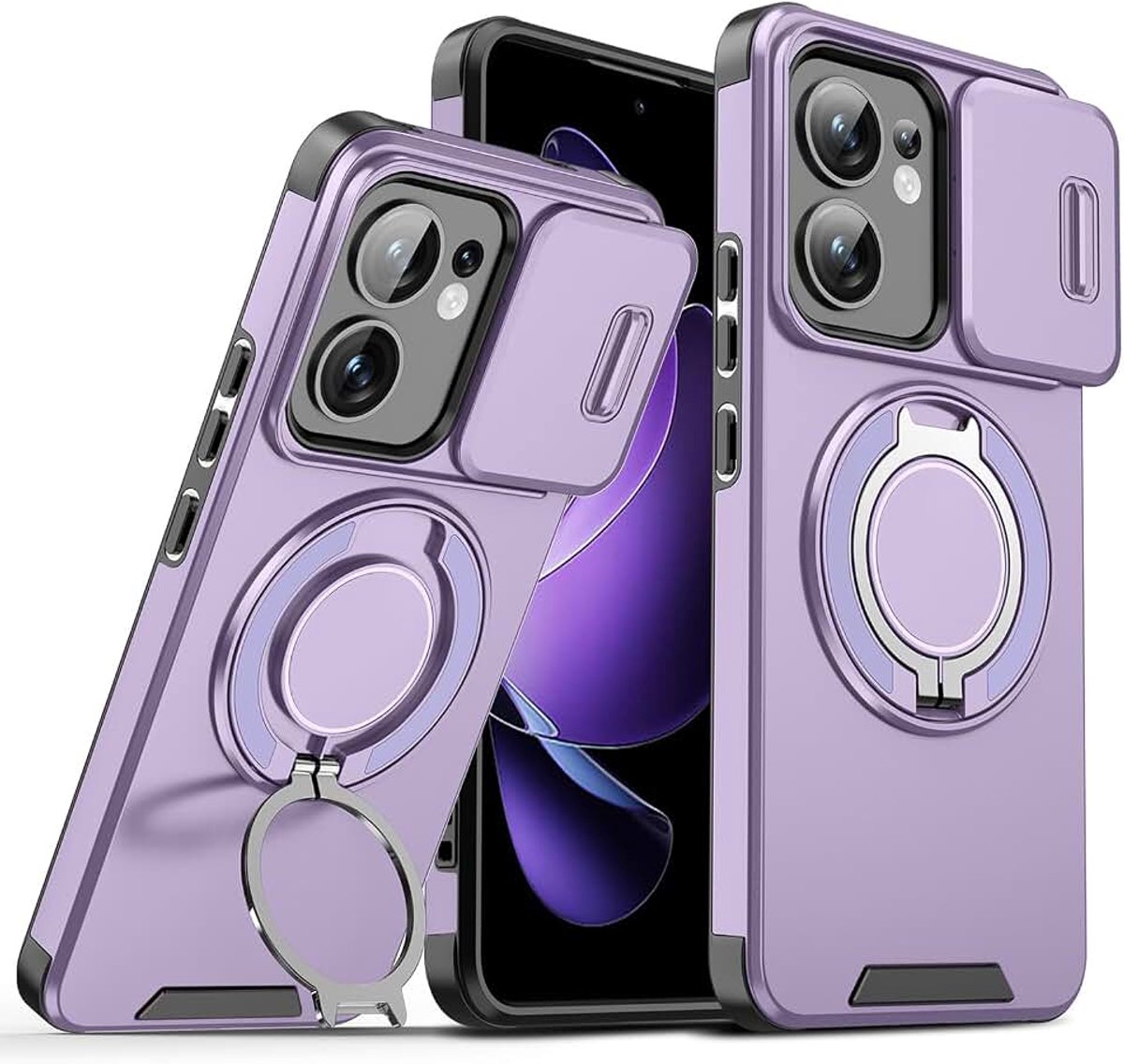 Hoesje voor OPPO Reno 13 FS (OPPO Reno 13F 5G/4G), matte textuur, harde PC siliconen TPU-bumper, militaire kwaliteit, schokbestendig, met magnetische ringstandaard en schuifcamera-hoes (paars)