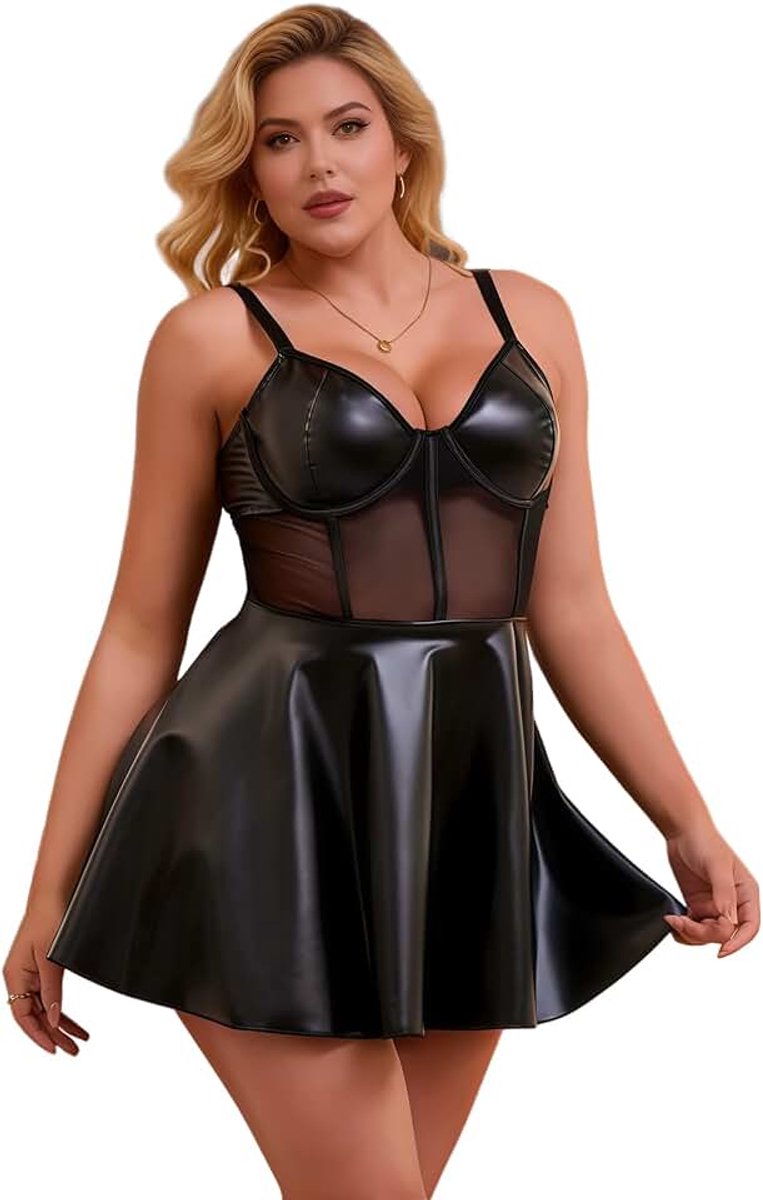 Jurk van kunstleer voor dames, grote maat, mini-jurk, kort, sexy, rugvrij, leer, visnet, transparant, met beugel, lingerieset, transparante lingerieset, cluboutfit, libertijnjurk met