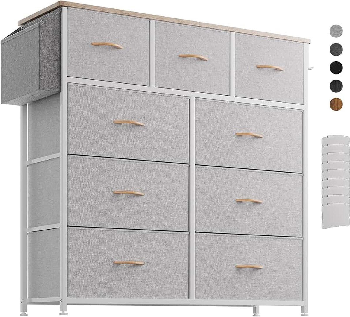 Ladekast Commode - Geurvrije Canvas Opbergunit met 9 Grote Laden, Etiketkaarten, Zijvak & Haak voor Woonkamer, Hal, Slaapkamer